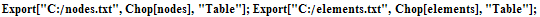 Export["C:/nodes.txt", Chop[nodes], "Table"] ; Export["C:/elements.txt", Chop[elements], "Table"] ;