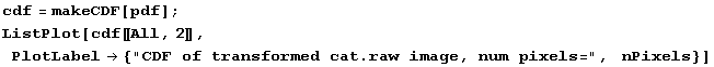 cdf = makeCDF[pdf] ; ListPlot[cdf〚All, 2〛, PlotLabel {"CDF of transformed cat.raw image, num pixels=",   nPixels}] 