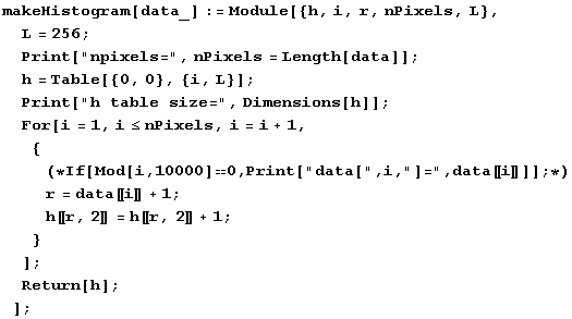 makeHistogram[data_] := Module[{h, i, r, nPixels, L}, L = 256 ; Print["np ... 4;r, 2〛 = h〚r, 2〛 + 1 ; } ] ; Return[h] ; ] ;