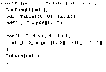 makeCDF[pdf_] := Module[{cdf, L, i}, L = Length[pdf] ; cdf = Table[{0, 0}, {i, ... , 2〛 + cdf〚i - 1, 2〛 ; ] ; Return[cdf] ; ] ; 