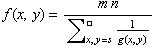 f(x, y) = (m n)/(Underoverscript[∑, x, y = s, arg3] 1/g(x, y))