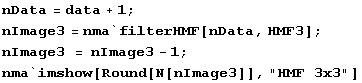 nData = data + 1 ; nImage3 = nma`filterHMF[nData, HMF3] ; nImage3 = nImage3 - 1 ; nma`imshow[Round[N[nImage3]], "HMF 3x3"] 