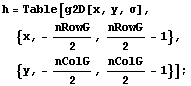 h = Table[g2D[x, y, σ], {x, - nRowG/2, nRowG/2 - 1}, {y, - nColG/2, nColG/2 - 1}] ;