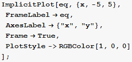 ImplicitPlot[eq, {x, -5, 5}, FrameLabel→eq, AxesLabel→ {"x", "y"}, Frame→True, PlotStyle->RGBColor[1, 0, 0] ] ;