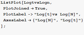 ListPlot[LogtvsLogn, PlotJoined→True, PlotLabel->"Log[t]vs Log[N]", AxesLabel→ {"Log[N]", "Log[t]"} ] ; 
