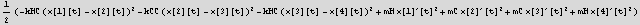 1/2 (-kHC (x[1][t] - x[2][t])^2 - kCC (x[2][t] - x[3][t])^2 - kHC (x[3][t] - x[4][t])^2 + mH x[1]^′[t]^2 + mC x[2]^′[t]^2 + mC x[3]^′[t]^2 + mH x[4]^′[t]^2)