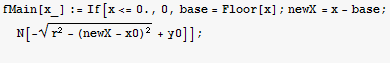 fMain[x_] := If[x<=0., 0, base = Floor[x] ; newX = x - base ; N[-(r^2 - (newX - x0)^2)^(1/2) + y0]] ; 