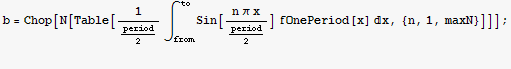 b = Chop[N[Table[1/period/2∫_from^toSin[(n π x)/period/2] fOnePeriod[x] x, {n, 1, maxN}]]] ; 