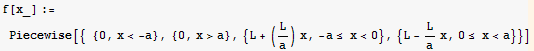 f[x_] := Piecewise[{   {0, x< -a}, {0, x>a}, {L + (L/a) x, -a≤ x<0}, {L - L/ax, 0≤ x<a}}]