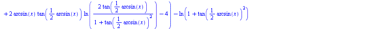 `+`(`/`(`*`(`+`(`-`(`*`(2, `*`(arcsin(x), `*`(tan(`+`(`*`(`/`(1, 2), `*`(arcsin(x))))))))), `-`(`*`(2, `*`(`^`(tan(`+`(`*`(`/`(1, 2), `*`(arcsin(x))))), 2), `*`(ln(`+`(`/`(`*`(2, `*`(tan(`+`(`*`(`/`(1...